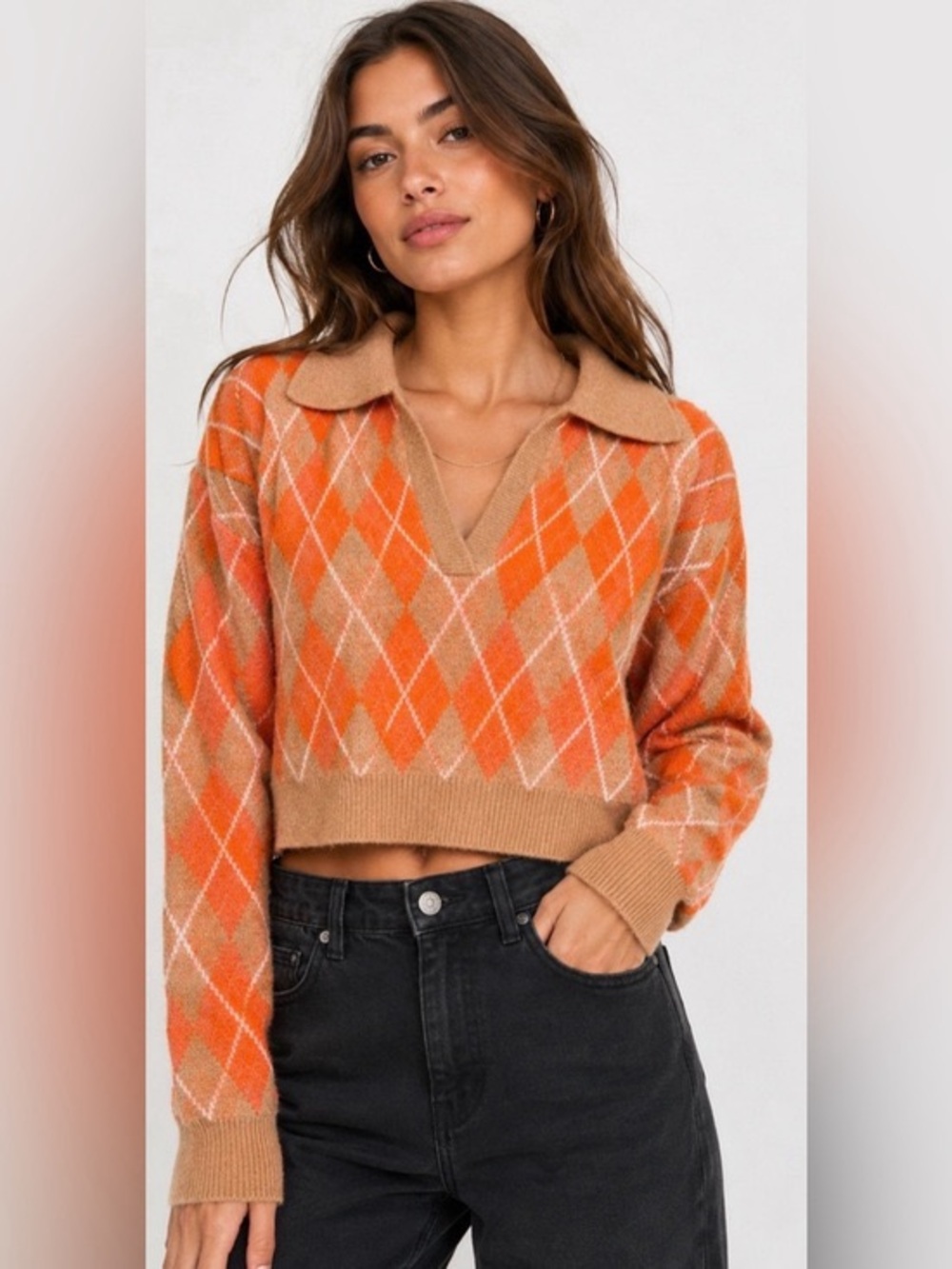 Zara | Argyle Collared Cropped Sweater, Small